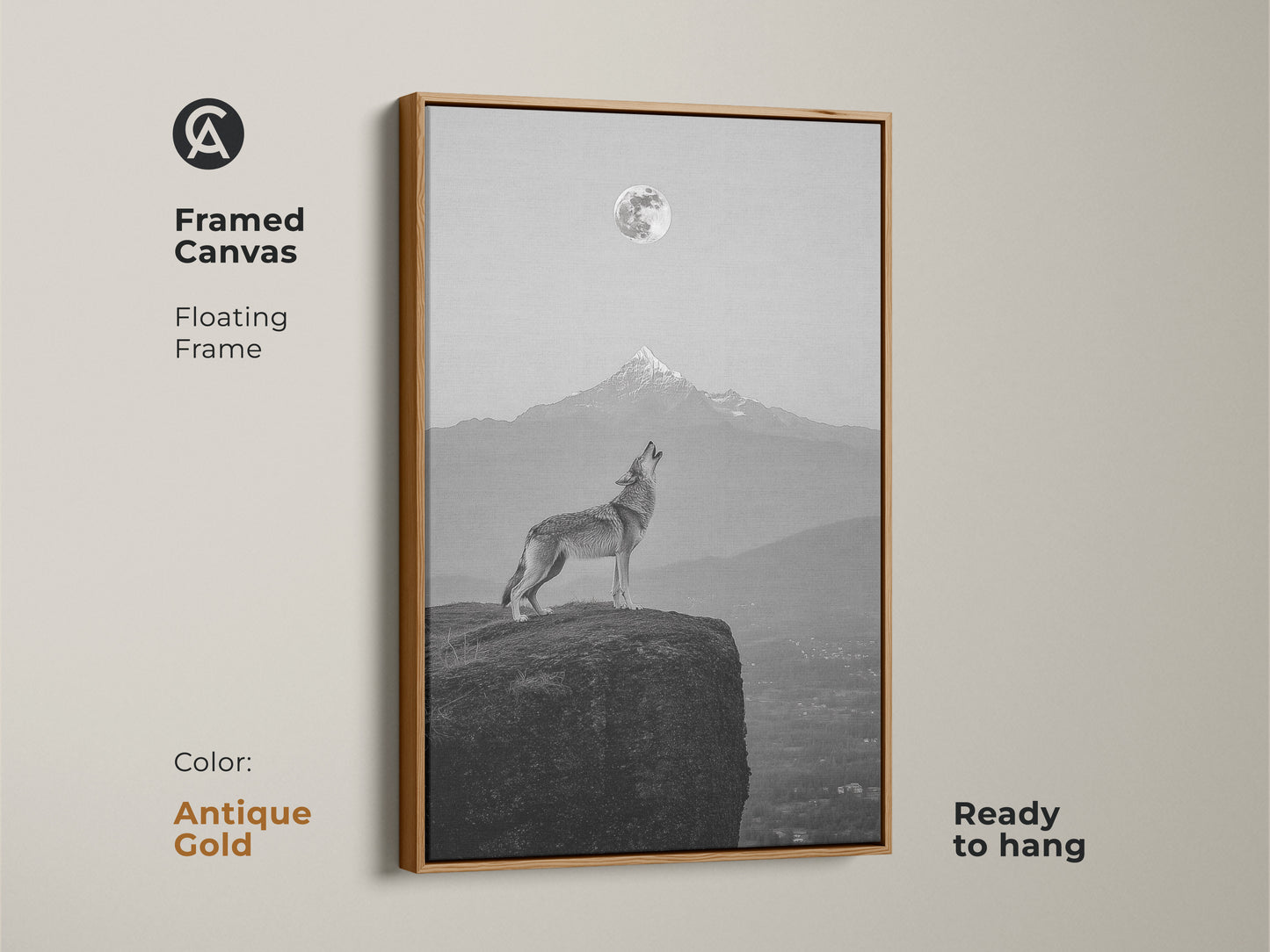 Antique gold framed canvas with a wolf howling at the moon. Elegant monochrome decor for a sophisticated space. Framed wolf artwork ready to hang.
