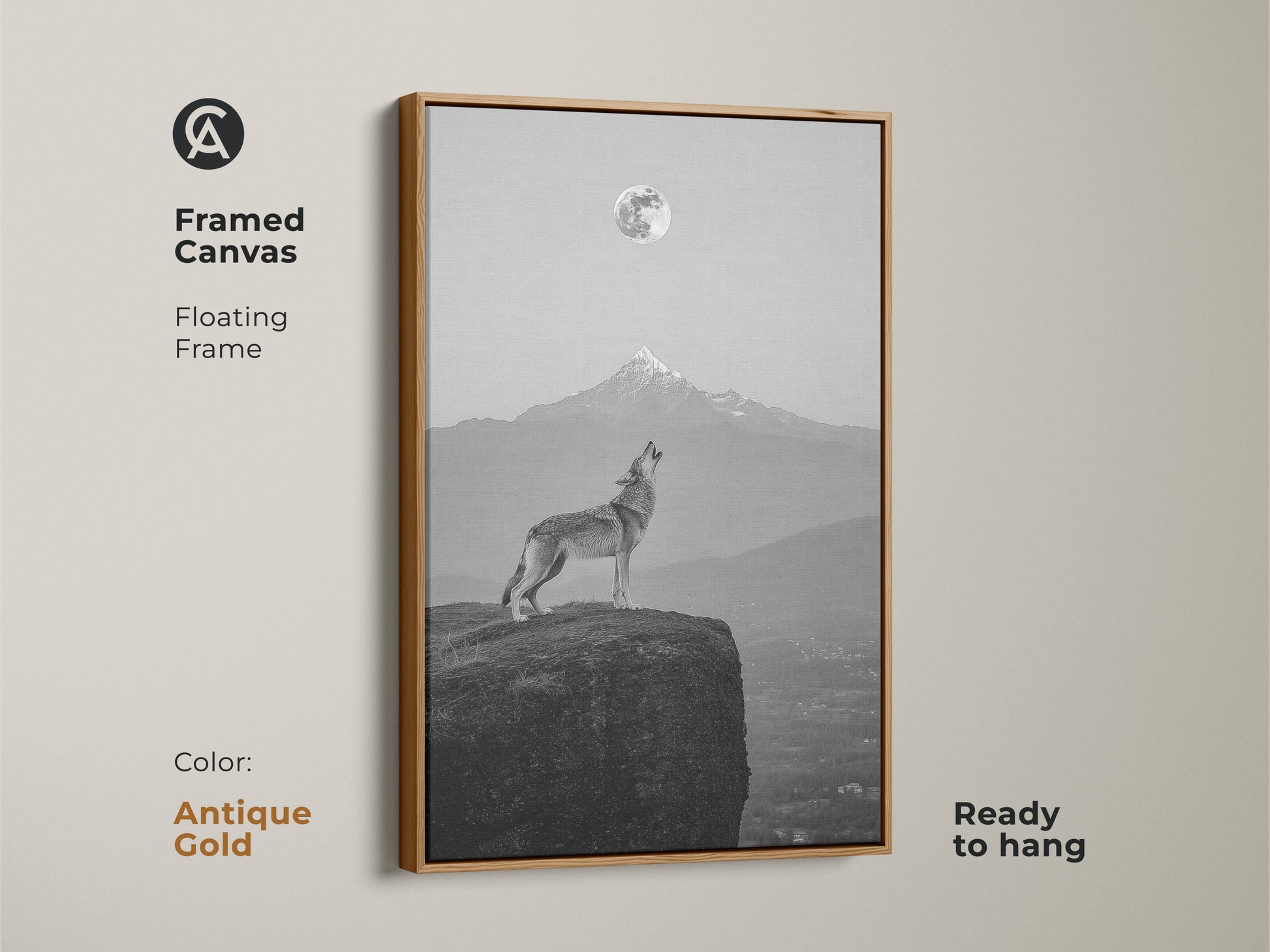 Antique gold framed canvas with a wolf howling at the moon. Elegant monochrome decor for a sophisticated space. Framed wolf artwork ready to hang.