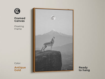 Antique gold framed canvas with a wolf howling at the moon. Elegant monochrome decor for a sophisticated space. Framed wolf artwork ready to hang.