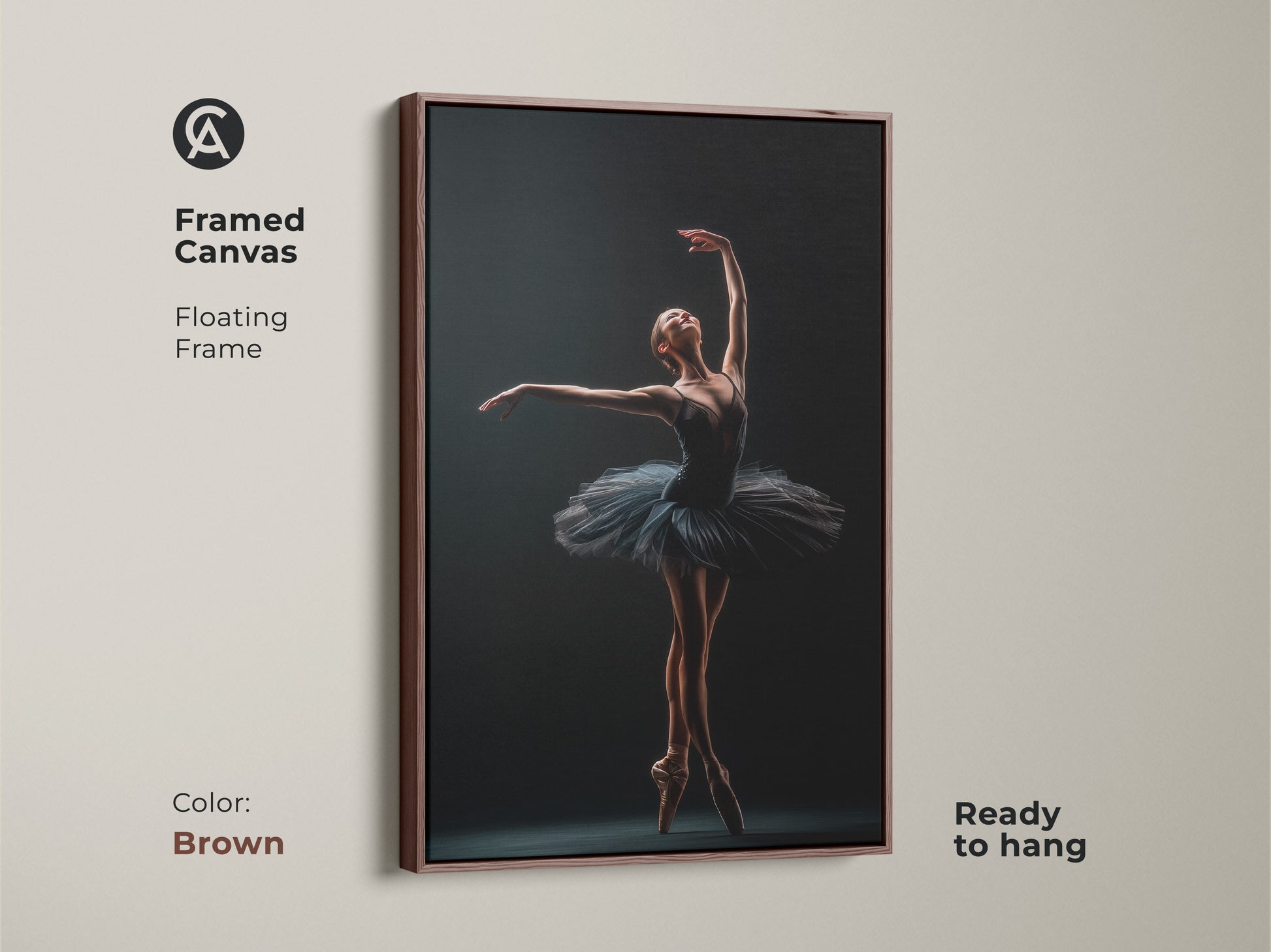Brown framed canvas of a ballerina. Floating frame gives a sophisticated look. Ready to hang. The artwork highlights the beauty of ballet. Ideal for adding elegance to any room. A perfect gift for dance enthusiasts. Display this stunning art.