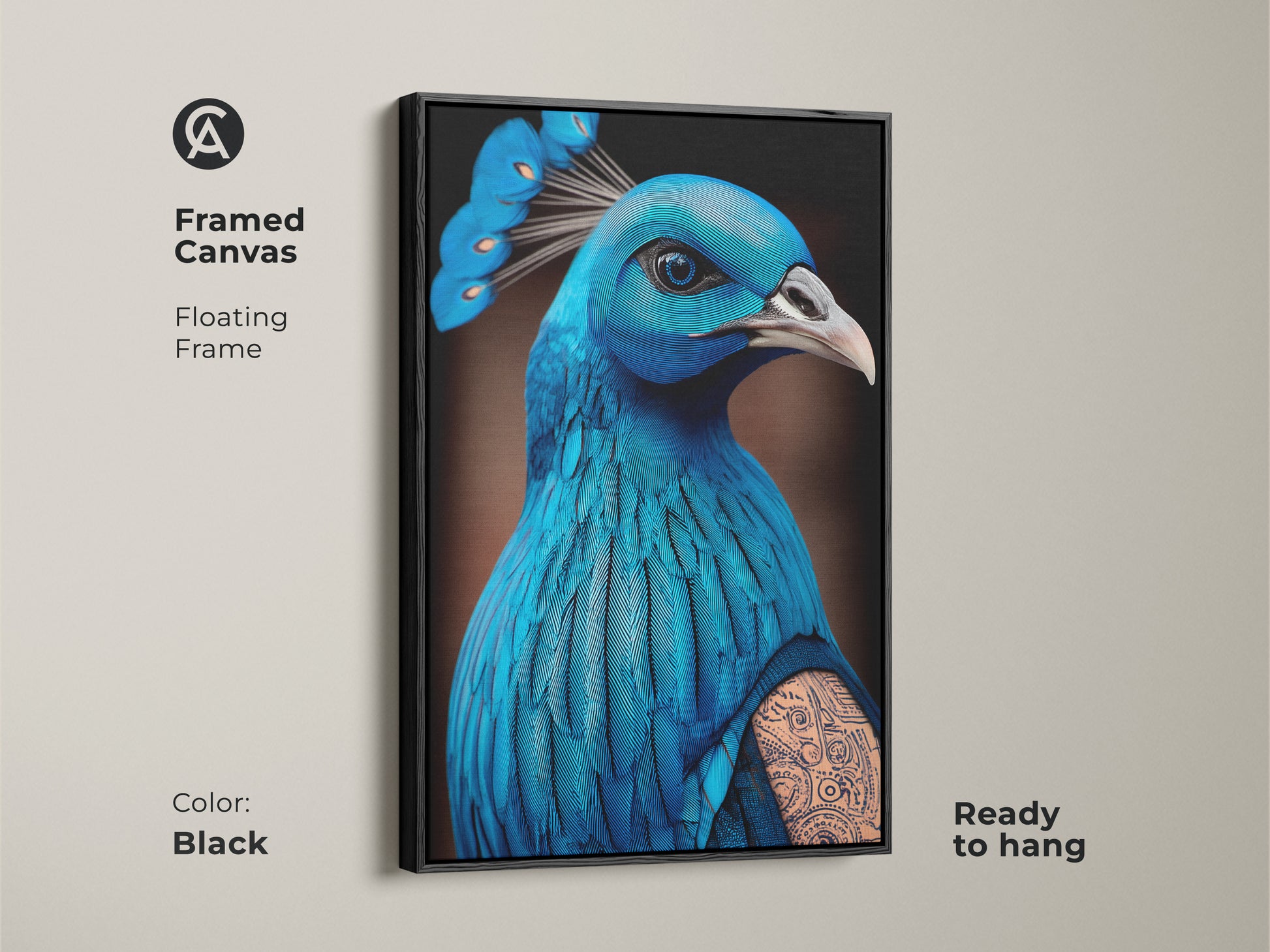 Framed canvas of a surreal peacock artwork. This floating frame has a black color. Ready to hang fantasy art gift features electric blue and cyan tones. The tattoo art style gives it an eclectic animal art feel.
