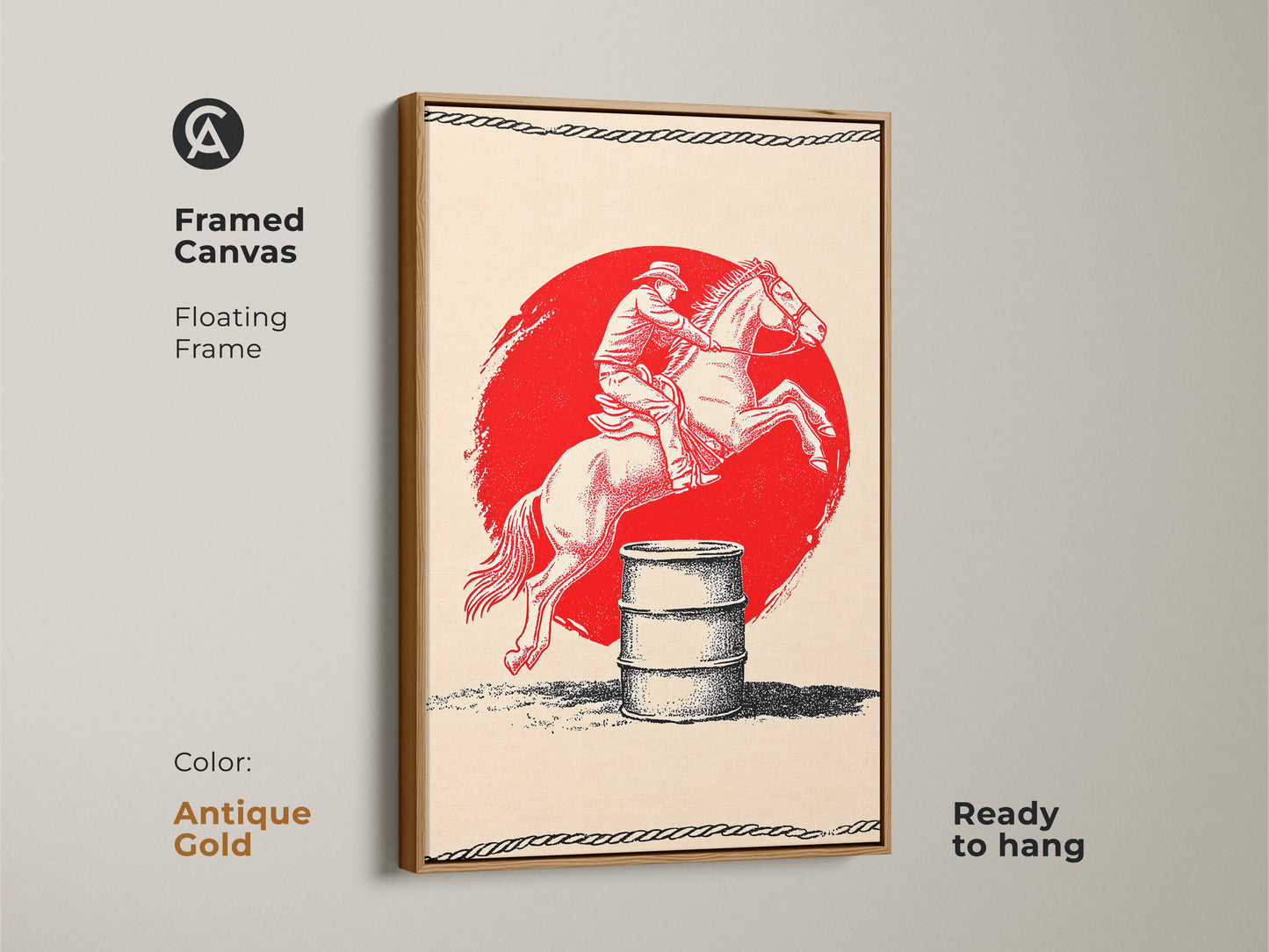 This framed canvas presents a vintage cowboy barrel racing scene. The antique gold frame enhances the rustic charm. Red black and cream colors create a striking look. Ready to hang this artwork is perfect for farmhouse decor. A great addition to any western-themed room.
