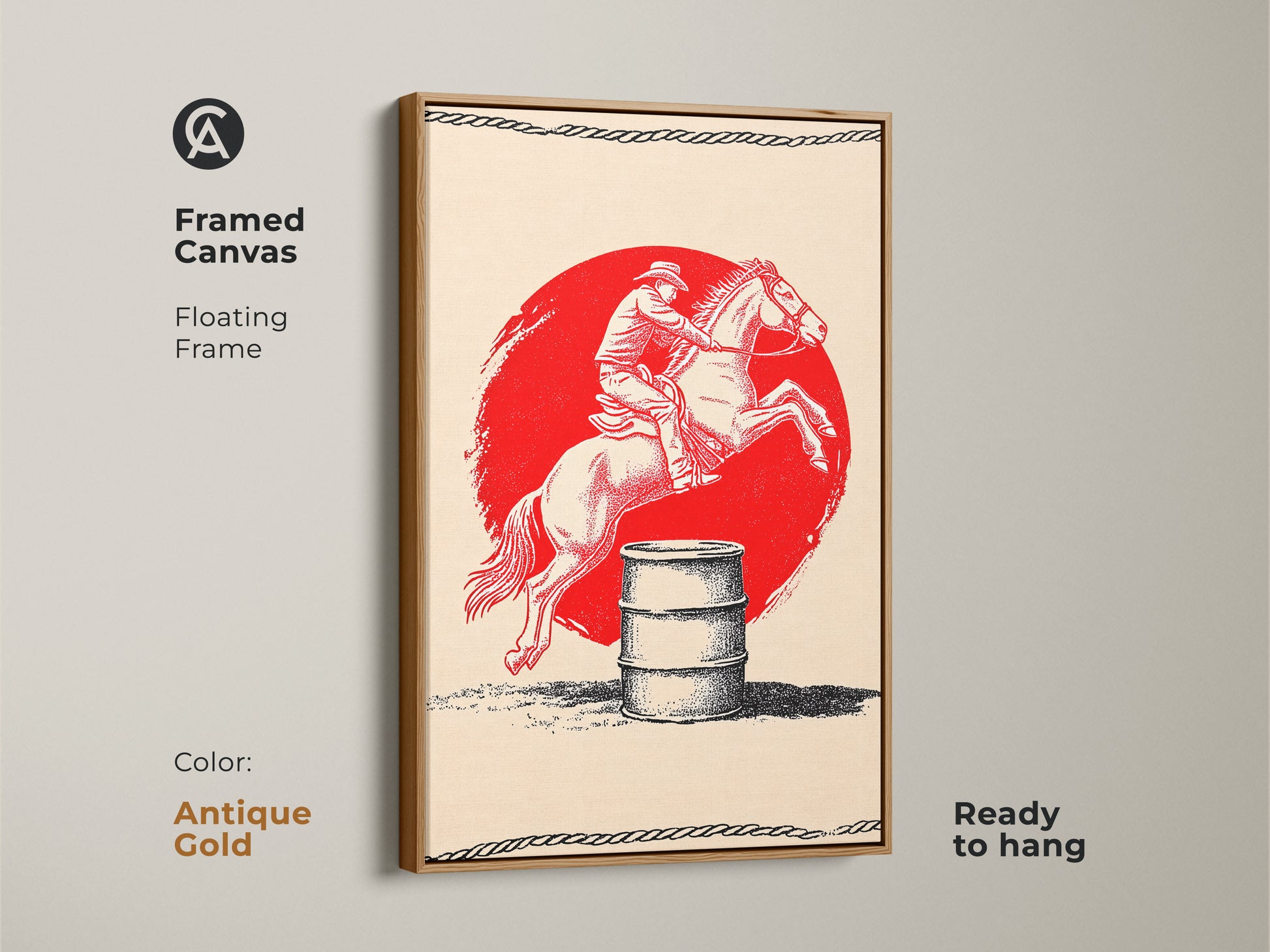 This framed canvas presents a vintage cowboy barrel racing scene. The antique gold frame enhances the rustic charm. Red black and cream colors create a striking look. Ready to hang this artwork is perfect for farmhouse decor. A great addition to any western-themed room.