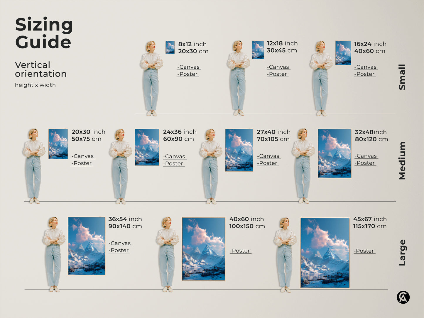 Sizing guide showcasing vertical orientation options for canvas and poster artwork. Visualize different sizes from small to large with a model for scale. Perfect for planning your winter mountain art display.