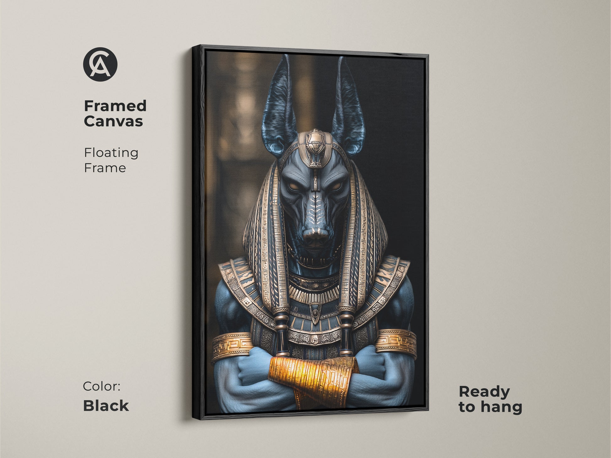 Black framed canvas print featuring Anubis the Egyptian Jackal God. Floating frame. Ready to hang. Dark fantasy artwork with a deep blue and gold palette. Ideal gothic wall art for mythology lovers or an occult symbol print for a home office or study room.