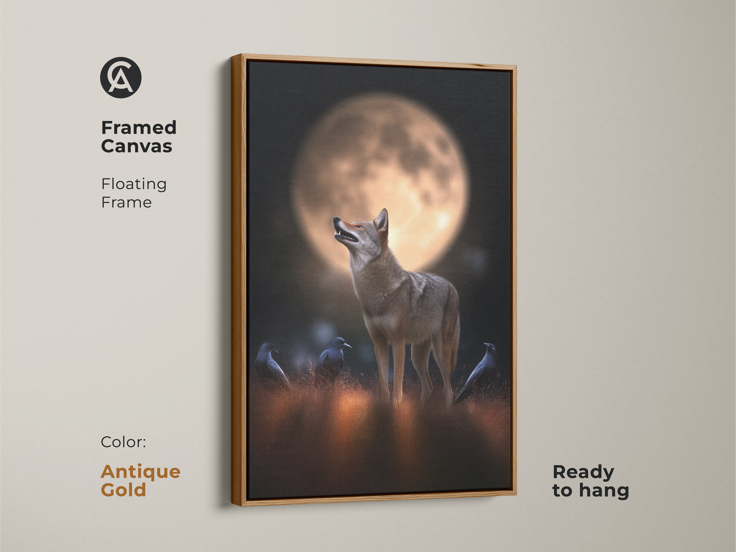Antique Gold framed canvas art shows a coyote and crows under a full moon. The floating frame enhances the rustic artwork. Ready to hang this wildlife print is perfect for animal lovers. The golden orange hues and dark details add charm to any room.