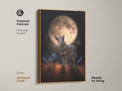 Antique Gold framed canvas art shows a coyote and crows under a full moon. The floating frame enhances the rustic artwork. Ready to hang this wildlife print is perfect for animal lovers. The golden orange hues and dark details add charm to any room.