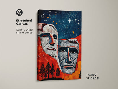 Stretched canvas print of Mount Rushmore art. It features American Presidents in a red blue orange landscape. This eclectic artwork has gallery wrapped edges. Ready to hang this vintage presidents wall art brings history and style to your home. Ideal expressionist art for the office.