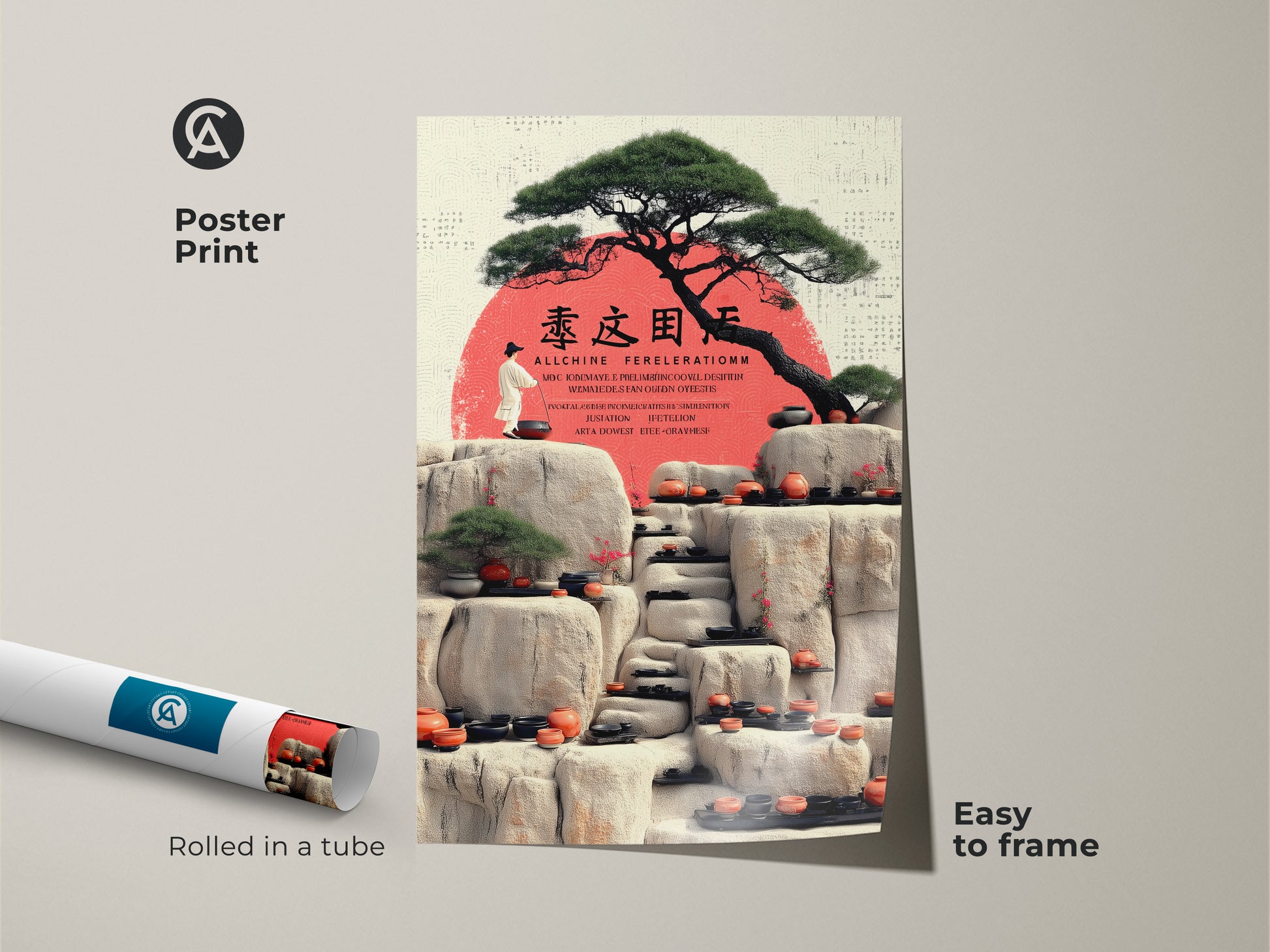 A poster print displays a Zen Garden art piece. A Japandi minimalist bonsai tree and stone lanterns are beneath a red sun. This artwork is an ideal mindfulness gift.