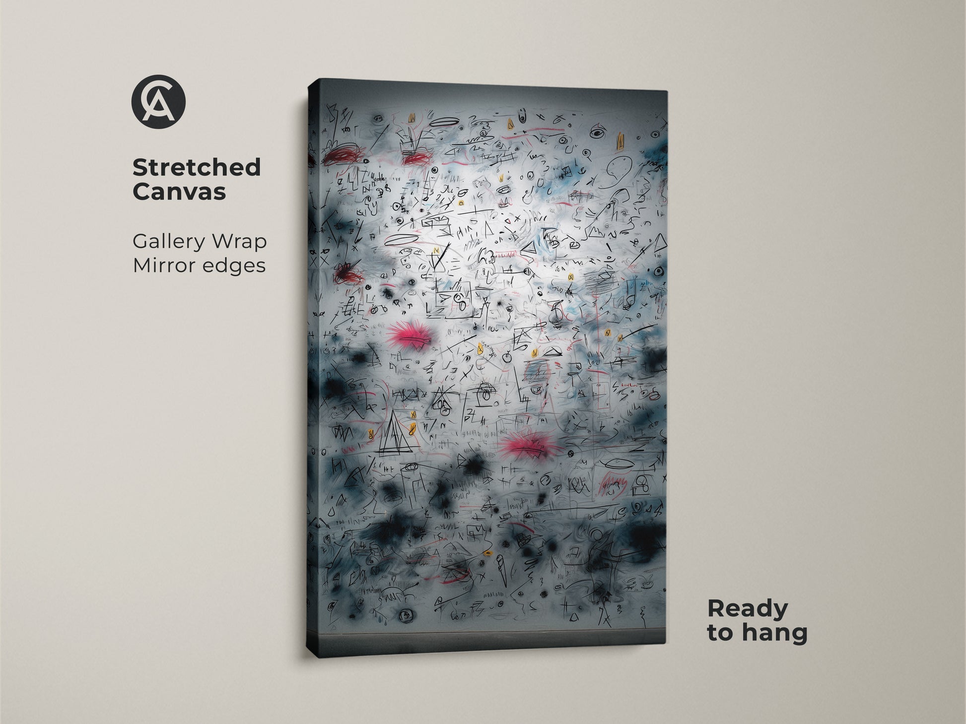 Stretched canvas art ready to hang. This gallery-wrapped canvas features a mirrored edge. The artwork displays intricate sketches and markings providing a captivating visual experience. Perfect for modern art enthusiasts. The stretched canvas ensures a sleek frameless look. Elevate your interior with this ready-to-display piece of art.