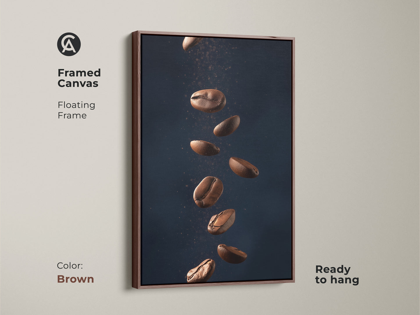 Framed canvas with floating frame featuring abstract coffee art. This minimalist kitchen wall art showcases falling coffee beans. It's a modern Tan and Dark Blue art print. The contemporary coffee decor is ready to hang adding style to any room. The frame is brown.