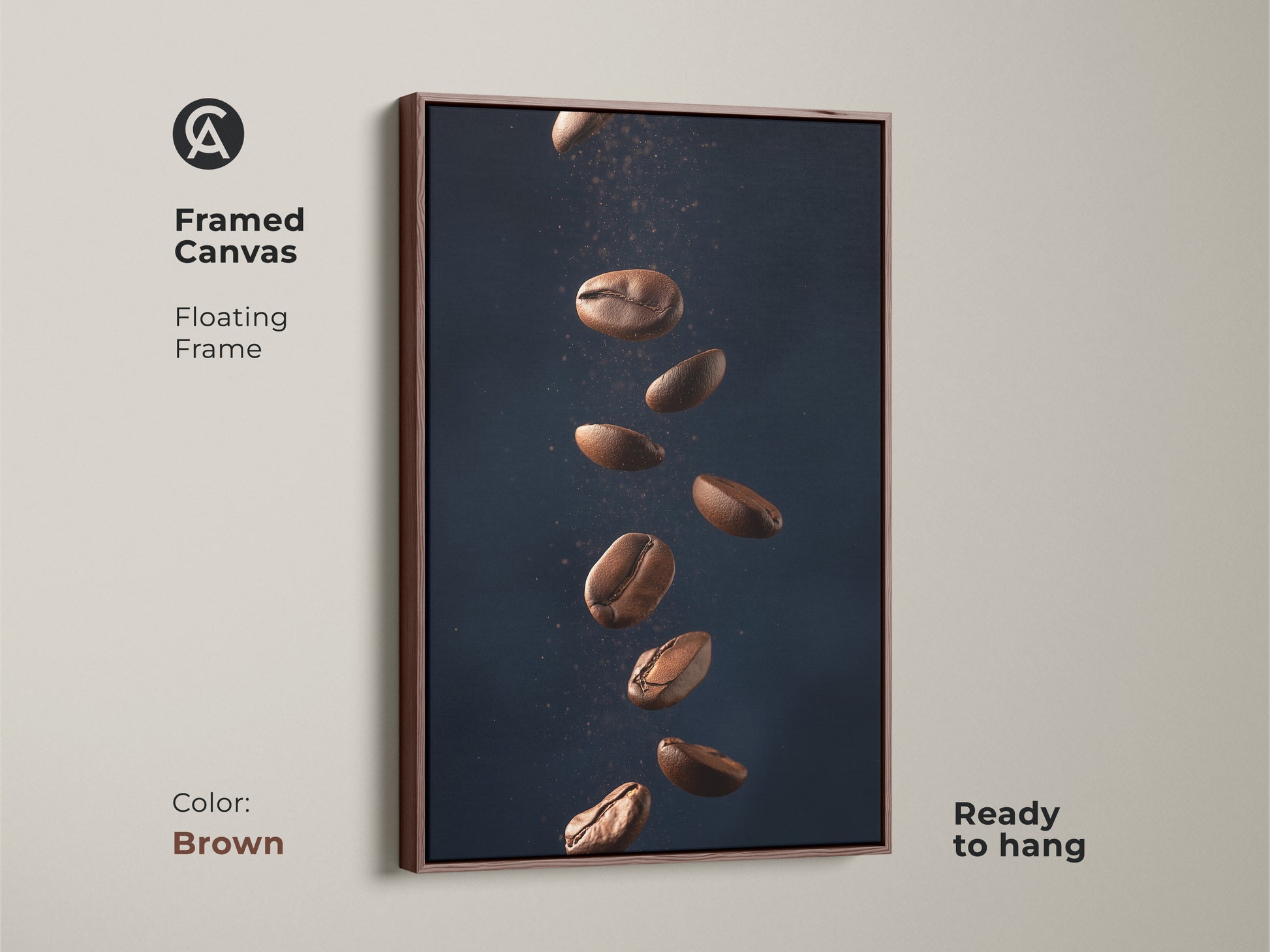 Framed canvas with floating frame featuring abstract coffee art. This minimalist kitchen wall art showcases falling coffee beans. It's a modern Tan and Dark Blue art print. The contemporary coffee decor is ready to hang adding style to any room. The frame is brown.