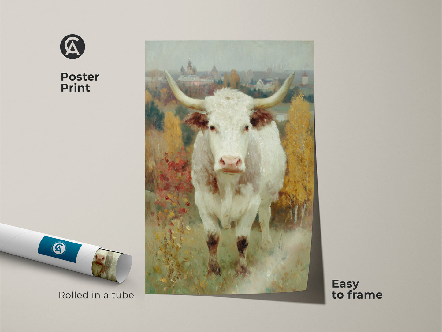 Enhance your space with this longhorn cow poster print. This easy-to-frame art captures the essence of rural life. The rolled poster print arrives ready to be showcased in your favorite frame and complements any interior.