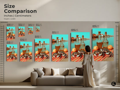 Size comparison inches and centimeters of crab lemon artwork. Choose from 16x24 to 45x67 inch canvas or poster prints. Boho kitchen wall decor and foodie gifts in various sizes. Vibrant orange red turquoise colors bring coastal charm. Find the perfect size for your space.