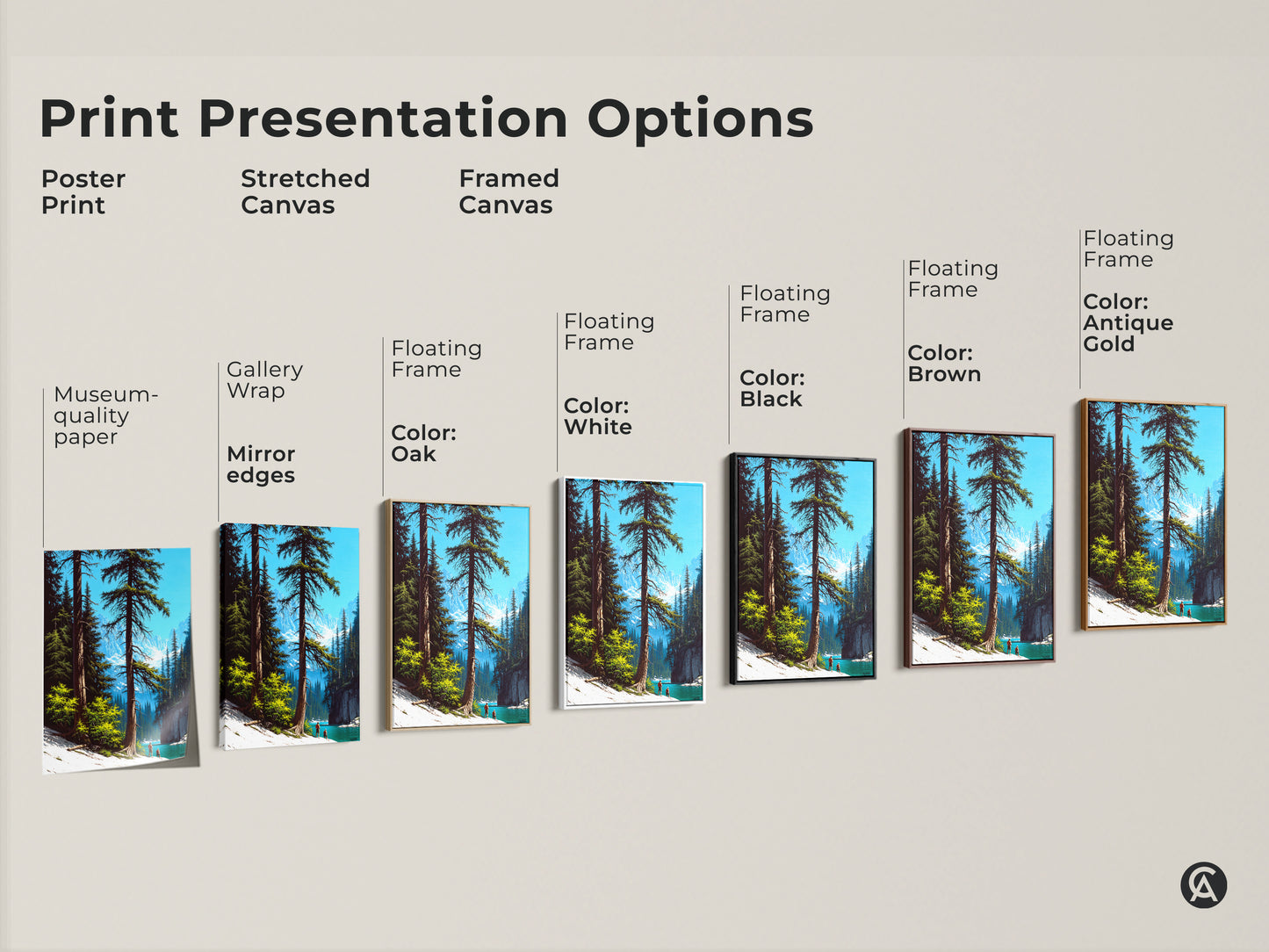 Explore print presentation options for mountain lake artwork. Choose from poster stretched or framed canvas. Frame colors include black brown antique gold oak and white. Gallery wrap and museum quality edges make the pine forest art pop. Find the perfect size for your wall decor.