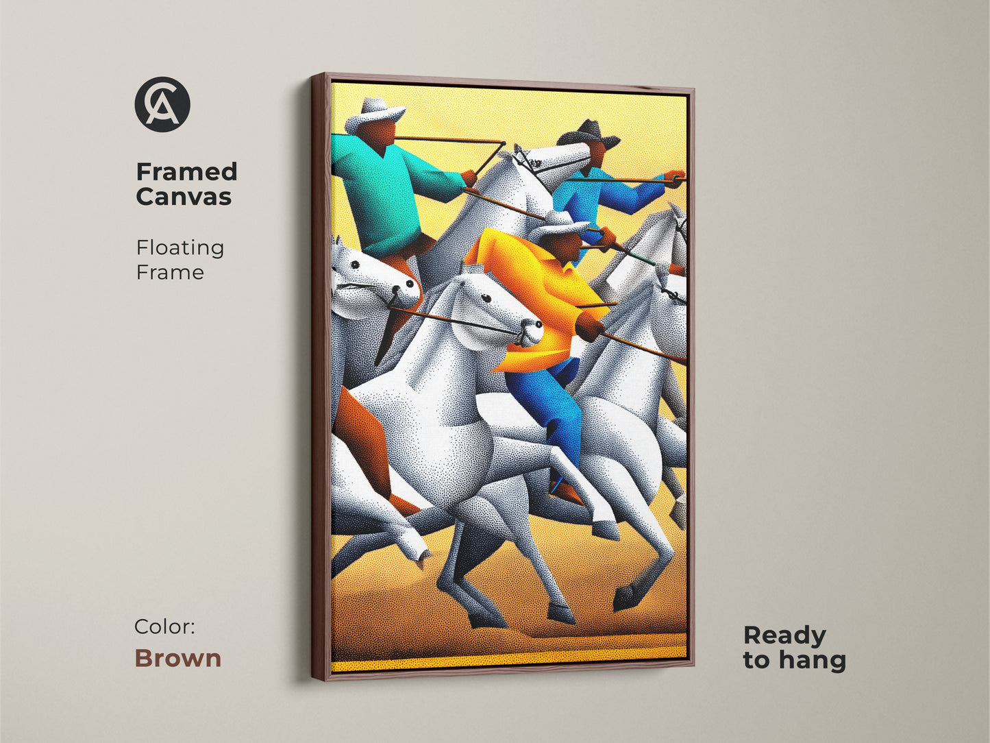 A framed canvas of stippled figurative western horse rider artwork. The floating frame is brown and ready to hang. This animal action artwork features horses and riders. The artwork is a great western ranch decor gift or housewarming present for any horse lover. Perfect modern western wall decor.