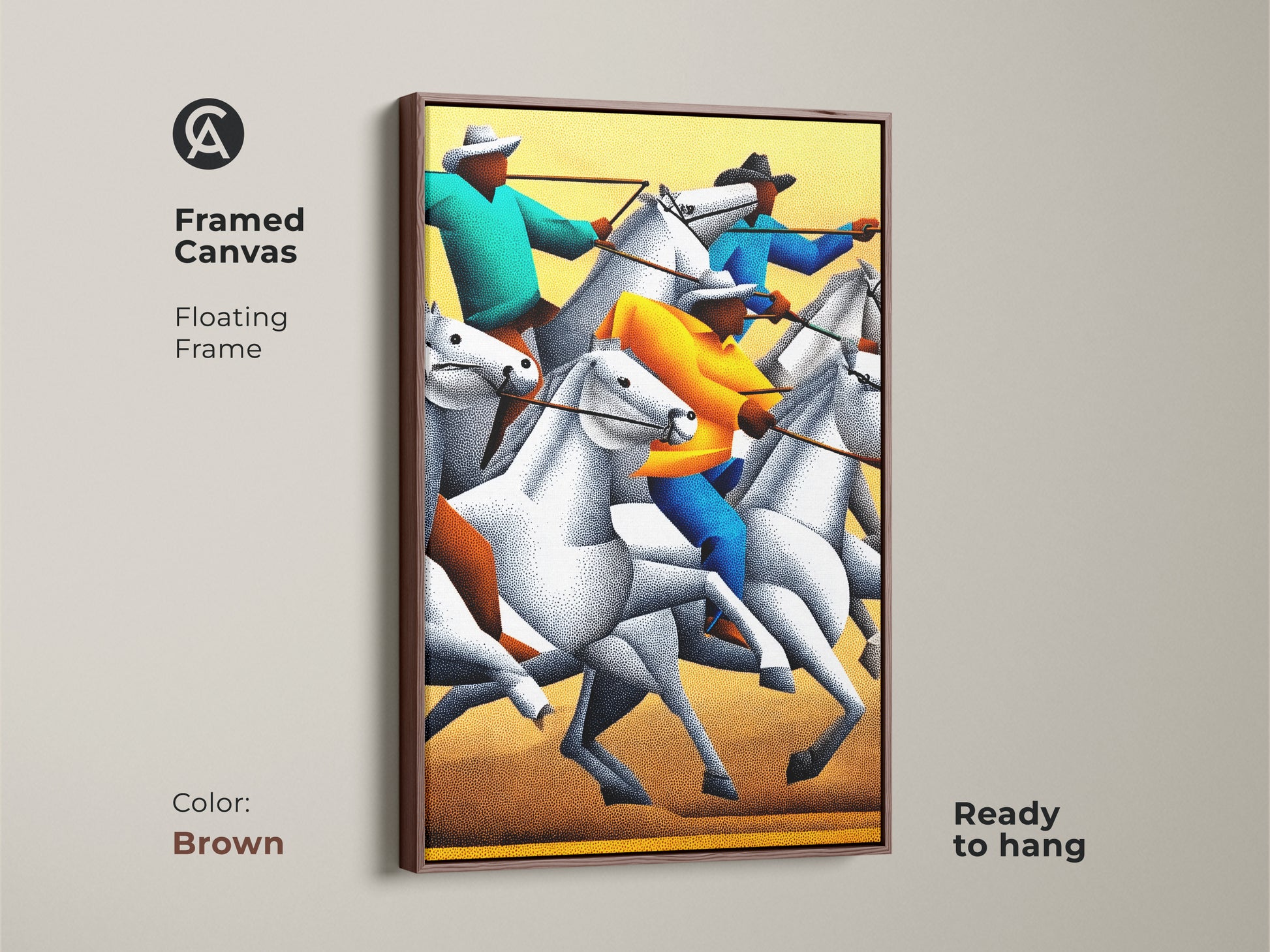 A framed canvas of stippled figurative western horse rider artwork. The floating frame is brown and ready to hang. This animal action artwork features horses and riders. The artwork is a great western ranch decor gift or housewarming present for any horse lover. Perfect modern western wall decor.