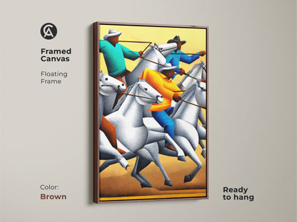 A framed canvas of stippled figurative western horse rider artwork. The floating frame is brown and ready to hang. This animal action artwork features horses and riders. The artwork is a great western ranch decor gift or housewarming present for any horse lover. Perfect modern western wall decor.
