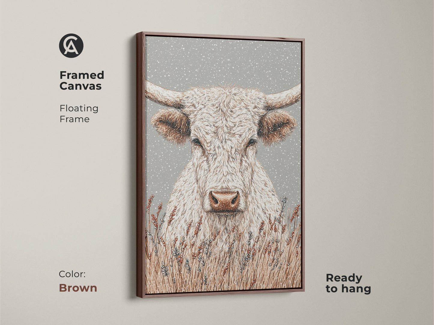 Framed canvas artwork showcases a white longhorn bull in a brown floating frame. The warm brown frame complements the artwork's rustic theme. Ready to hang and enjoy. Perfect for your living room.