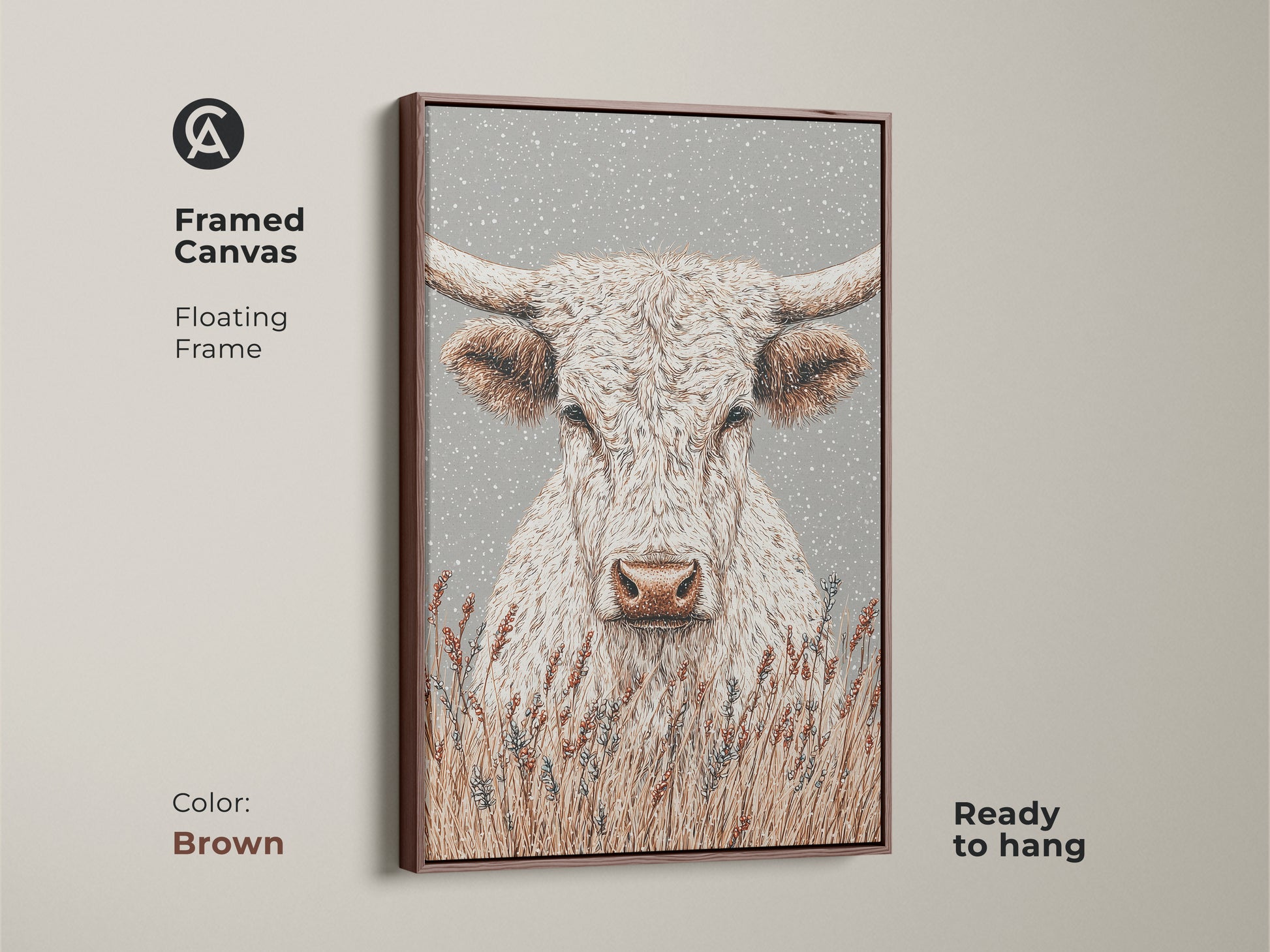 Framed canvas artwork showcases a white longhorn bull in a brown floating frame. The warm brown frame complements the artwork's rustic theme. Ready to hang and enjoy. Perfect for your living room.