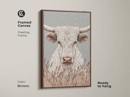 Framed canvas artwork showcases a white longhorn bull in a brown floating frame. The warm brown frame complements the artwork's rustic theme. Ready to hang and enjoy. Perfect for your living room.