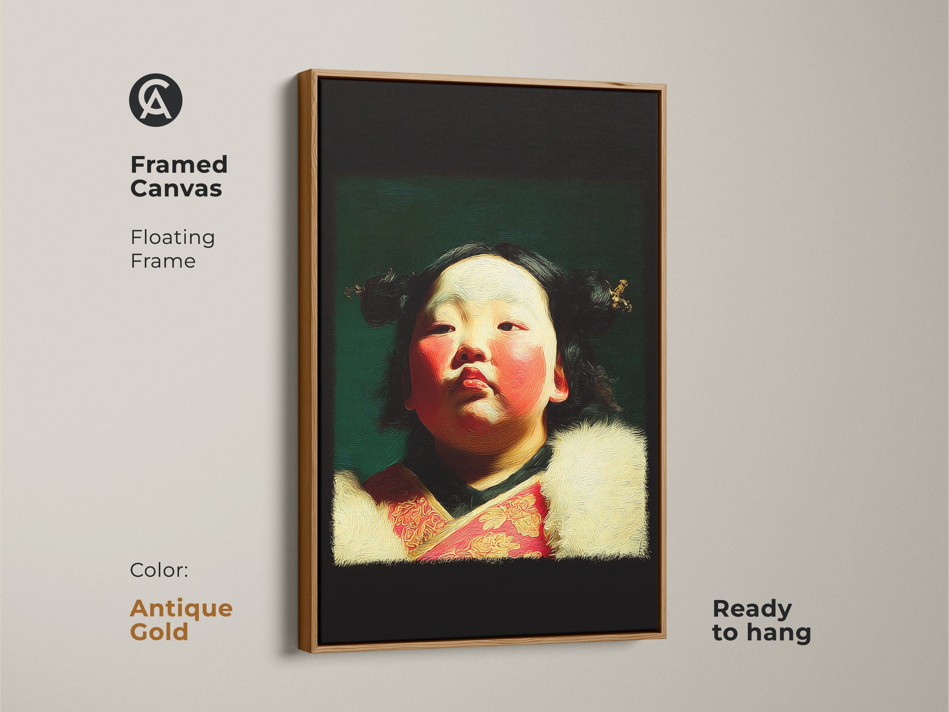 Framed canvas in antique gold of a cultural child portrait oil painting style art print. The artwork features a child in traditional attire with red and gold accents. Ready to hang. Add this unique cultural artwork to your home.