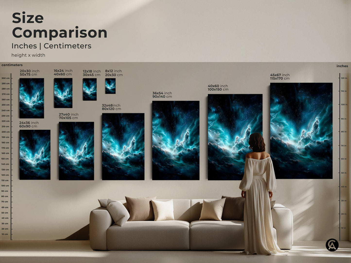 A size comparison shows deep blue nebula art in various dimensions from small to large above a sofa. This teal galaxy print offers cosmic dust details for any space. Perfect as celestial home decor or a sci-fi themed wall hanging it creates surreal depth.
