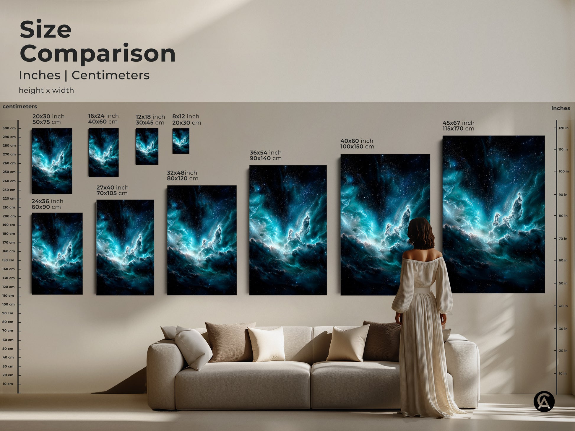 A size comparison shows deep blue nebula art in various dimensions from small to large above a sofa. This teal galaxy print offers cosmic dust details for any space. Perfect as celestial home decor or a sci-fi themed wall hanging it creates surreal depth.
