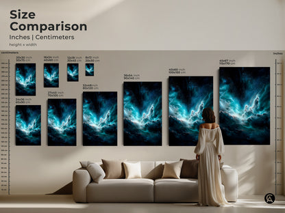 A size comparison shows deep blue nebula art in various dimensions from small to large above a sofa. This teal galaxy print offers cosmic dust details for any space. Perfect as celestial home decor or a sci-fi themed wall hanging it creates surreal depth.