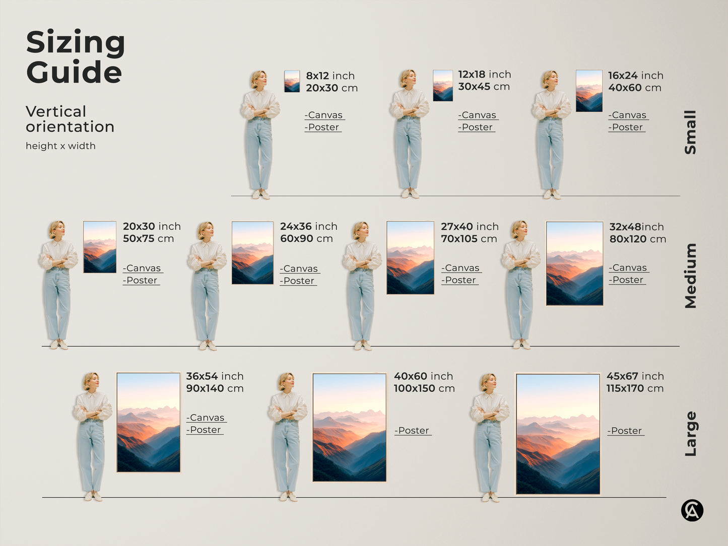Visualize the vertical sizing guide for scenic peach and blue mountain valley art. See how canvas and poster prints fit in your space. Small medium and large options are available. Enhance your home decor with contemporary landscape artwork. Perfect for any room.
