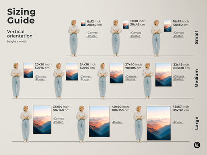 Visualize the vertical sizing guide for scenic peach and blue mountain valley art. See how canvas and poster prints fit in your space. Small medium and large options are available. Enhance your home decor with contemporary landscape artwork. Perfect for any room.