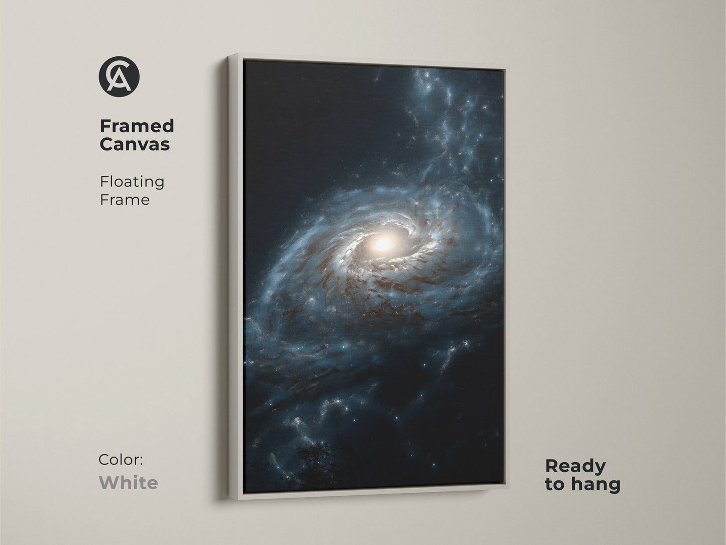 Framed canvas with a floating white frame showcasing deep blue galaxy nebula art. This contemporary piece is ready to hang and adds a touch of cosmic wonder to your home. Perfect for those seeking unique space artwork.