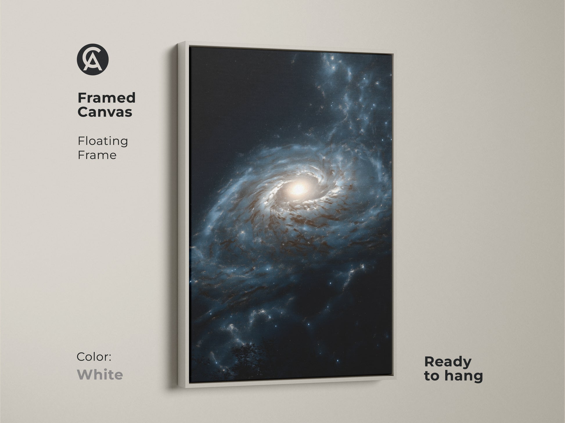 Framed canvas with a floating white frame showcasing deep blue galaxy nebula art. This contemporary piece is ready to hang and adds a touch of cosmic wonder to your home. Perfect for those seeking unique space artwork.