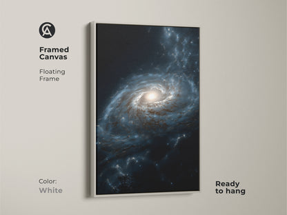 Framed canvas with a floating white frame showcasing deep blue galaxy nebula art. This contemporary piece is ready to hang and adds a touch of cosmic wonder to your home. Perfect for those seeking unique space artwork.