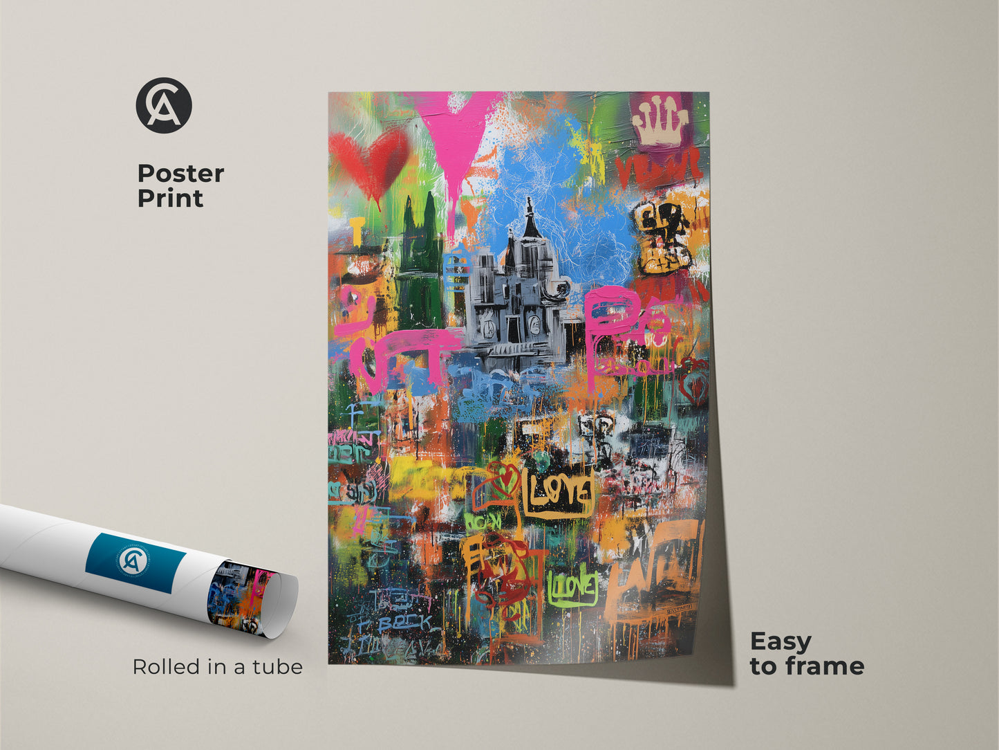 Poster print of a graffiti cityscape rolled in a tube. This urban street art print is easy to frame. The abstract pink yellow blue art adds an eclectic touch. Modern graffiti artwork for unique wall decor to a living room.