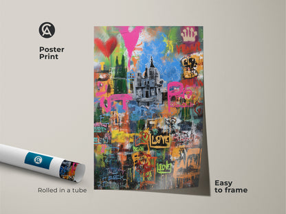 Poster print of a graffiti cityscape rolled in a tube. This urban street art print is easy to frame. The abstract pink yellow blue art adds an eclectic touch. Modern graffiti artwork for unique wall decor to a living room.