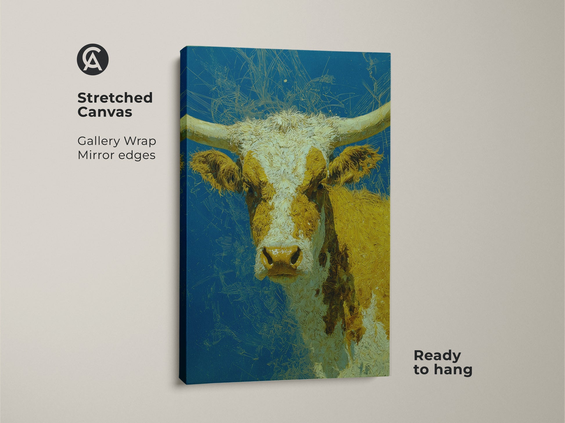 Stretched canvas art featuring a longhorn cow with yellow and white markings. The cow artwork has a blue background with abstract scratch marks. This ready to hang art is a gallery wrap with mirrored edges. Perfect for adding western charm.