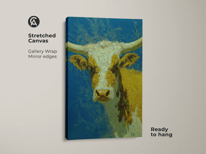 Stretched canvas art featuring a longhorn cow with yellow and white markings. The cow artwork has a blue background with abstract scratch marks. This ready to hang art is a gallery wrap with mirrored edges. Perfect for adding western charm.