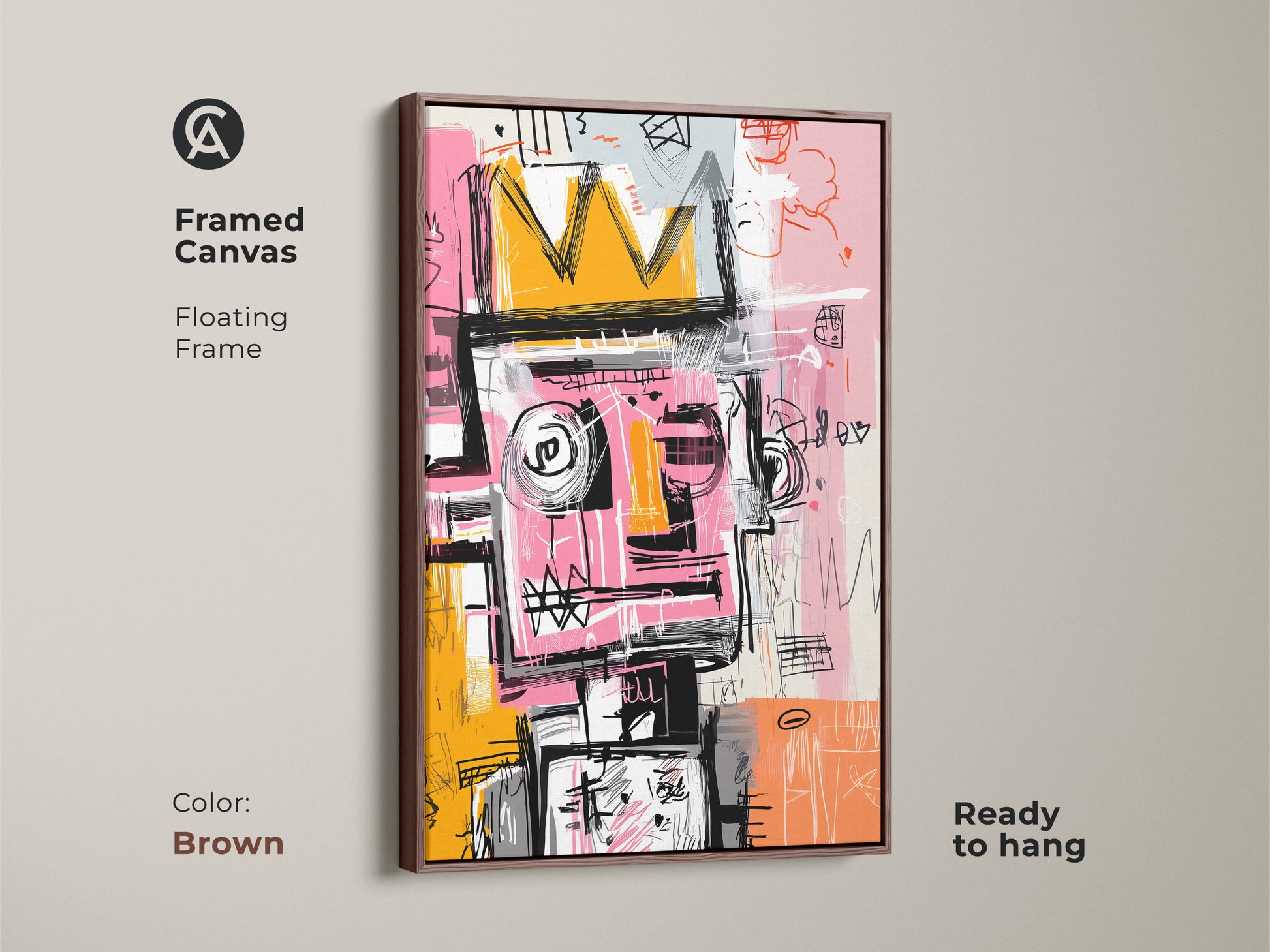 Brown framed canvas showcasing a modern abstract figure with a crown. The floating frame enhances the artwork's appeal. This ready-to-hang piece brings contemporary elegance to your home.