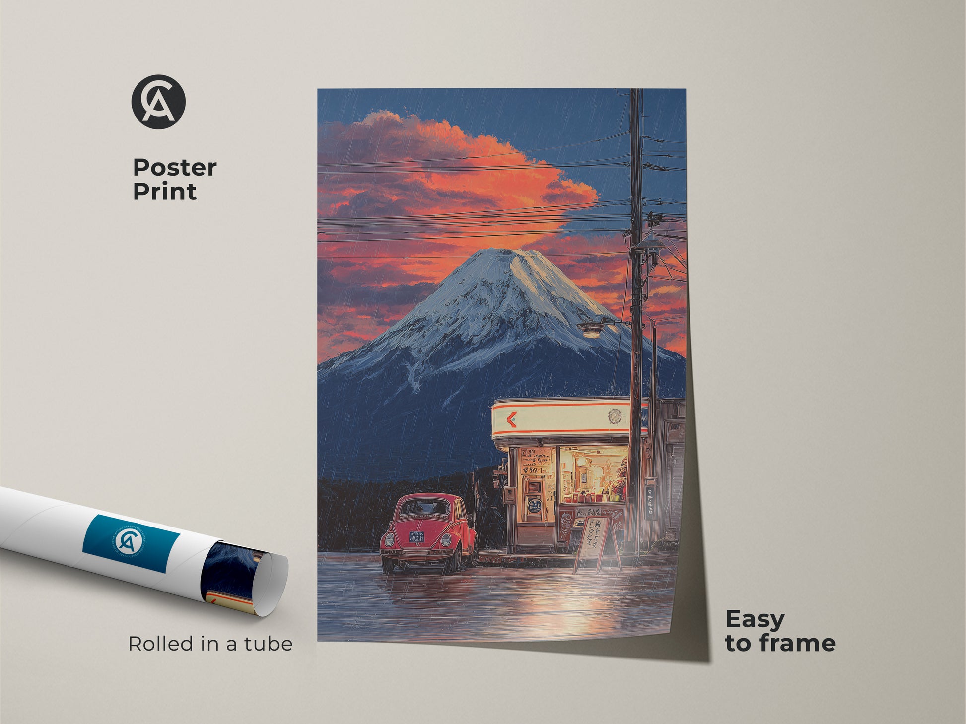 Poster print of an anime-style Mount Fuji with a vintage red car. This retro Japanese landscape is easy to frame. The sunset clouds art print evokes a nostalgic travel feel. It's a cool wall art piece rolled in a tube for protection.