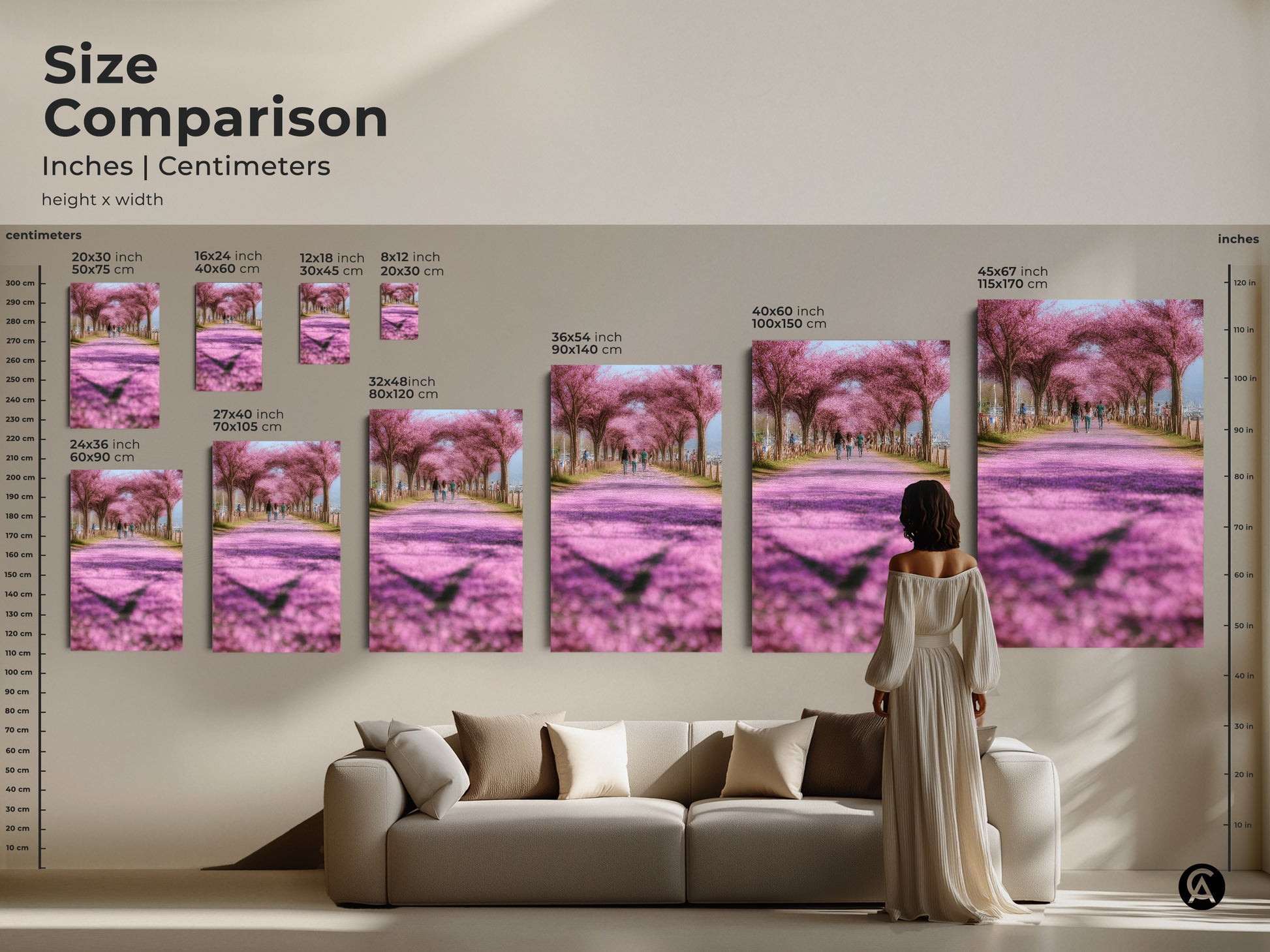 Size comparison of cherry blossom art prints in inches and centimeters. See how the artwork scales alongside furniture in a living room setting. This helps visualize the impact of different sizes from small to extra large. Available in canvas and poster formats for spring decor.