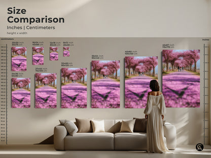 Size comparison of cherry blossom art prints in inches and centimeters. See how the artwork scales alongside furniture in a living room setting. This helps visualize the impact of different sizes from small to extra large. Available in canvas and poster formats for spring decor.