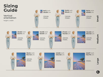 Sizing Guide shows the vertical orientation of the Sky Blue Aqua Beach canvas and poster. See the height and width measurements in inches and centimeters. Find the perfect size for your coastal home decor art. Choose from small medium and large options.