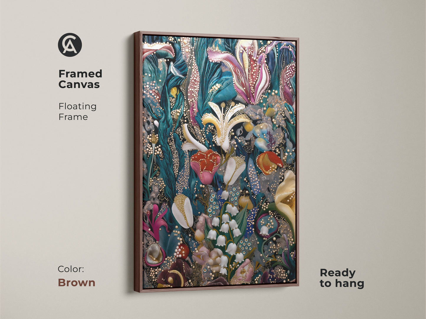 A framed canvas in brown displaying surreal botanical artwork. This fantasy floral art features Lily of the Valley and Tulips. The deep green pink and teal colors create a unique wall decor. Ready to hang this piece is great for plant lovers.