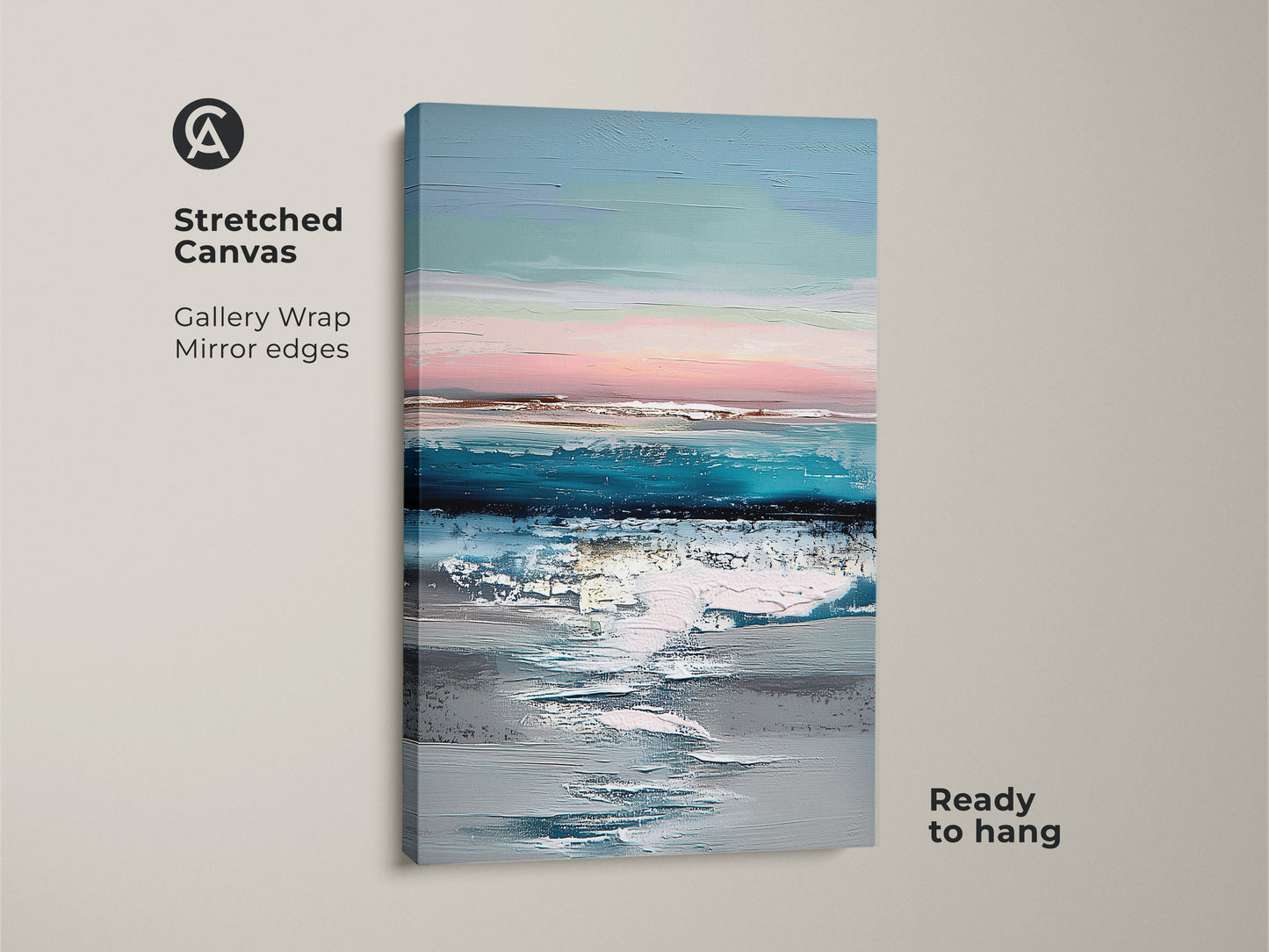Stretched canvas featuring abstract ocean artwork ready to hang. Gallery-wrapped with mirror edges this teal blue pink wall art enhances any space. The textured coastal landscape print brings a calming modern accent. Perfect for minimalist living room art.
