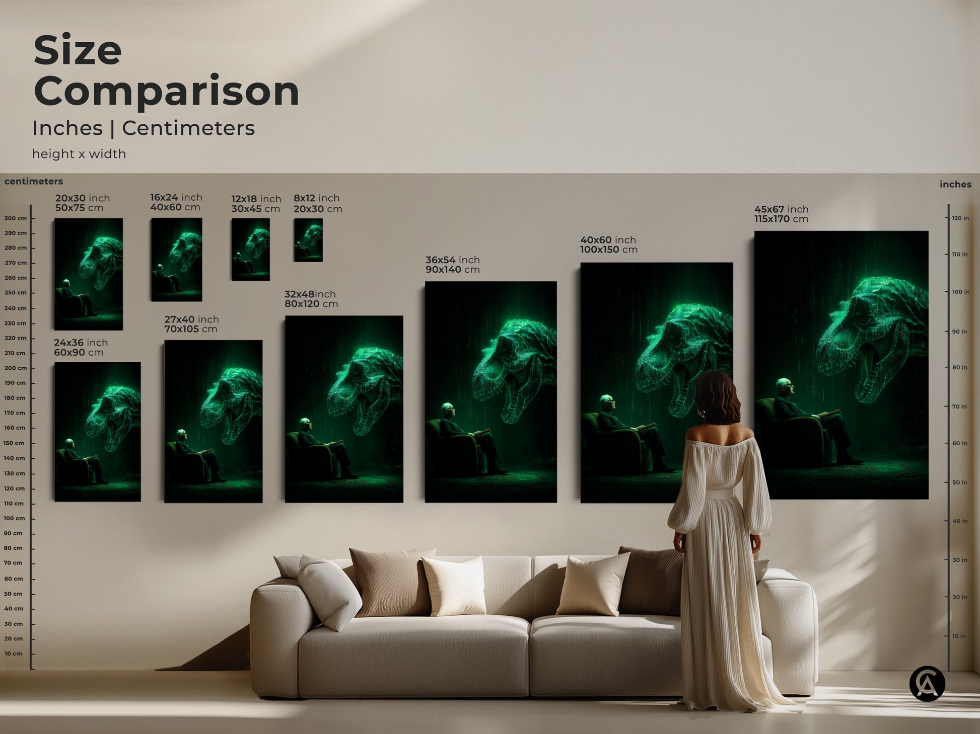 Size comparison of artwork featuring an elderly man reading. A glowing T-Rex hovers above him. See how different sizes fit above a couch. This canvas or poster art print is available in various dimensions. Choose the perfect statement piece for your home.