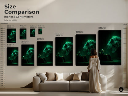 Size comparison of artwork featuring an elderly man reading. A glowing T-Rex hovers above him. See how different sizes fit above a couch. This canvas or poster art print is available in various dimensions. Choose the perfect statement piece for your home.