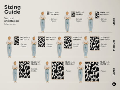 Sizing guide for vertical orientation prints. This includes canvas and poster options. Sizes range from small to large. See how the eclectic cat artwork fits different spaces. Envision the minimalist animal decor in your bedroom or living room. Choose the perfect size for your cat mom gift.