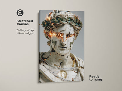 Stretched canvas featuring an abstract bust with gold orange fire eyes. This contemporary artwork is gallery-wrapped with mirror edges. Ready to hang this unique digital painting adds a modern touch to any space. Perfect as a housewarming gift for tech and art lovers.