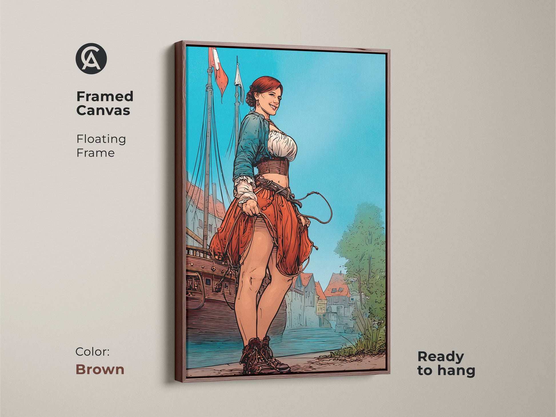 Framed canvas with a brown floating frame showcasing a woman sailor artwork. This vintage style art print is nautical decor for any room. Its red blue turquoise art will enhance coastal living room decor.